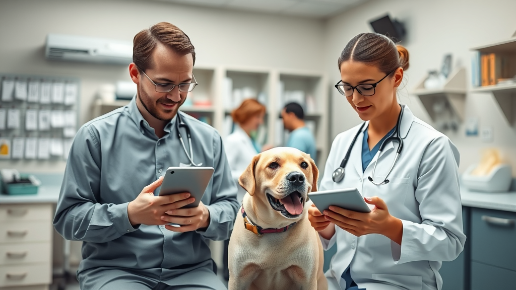 busy veterinary exam room where veterinarians use digital tablets to streamline patient care—exam room efficiency