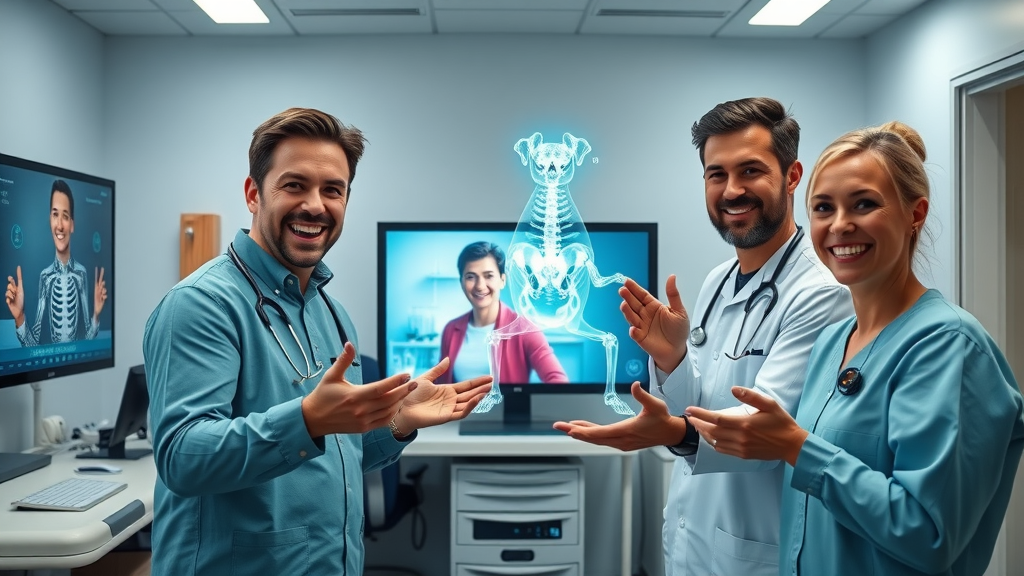 forward-thinking veterinary team demonstrating telemedicine innovations and hologram diagnostics—veterinary medicine trends