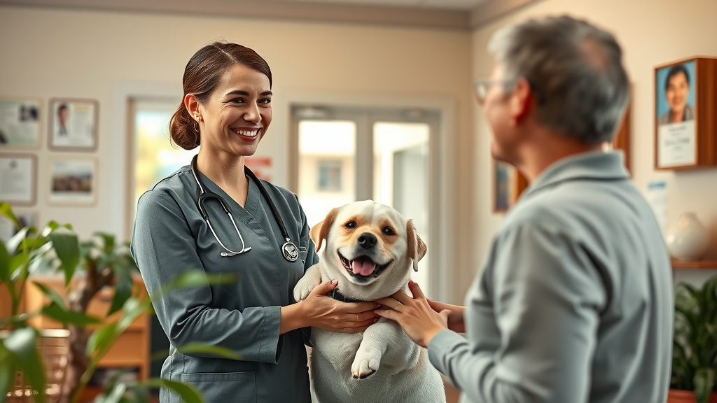 welcoming veterinary clinic receptionist greeting pet owner and animal, highlighting client experience and customer service