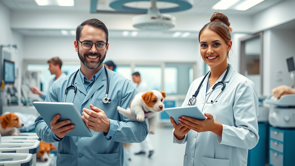 Modern veterinary clinic with veterinarians equipped with advanced technology interacting with digital screens and equipment, showing veterinary care advancements