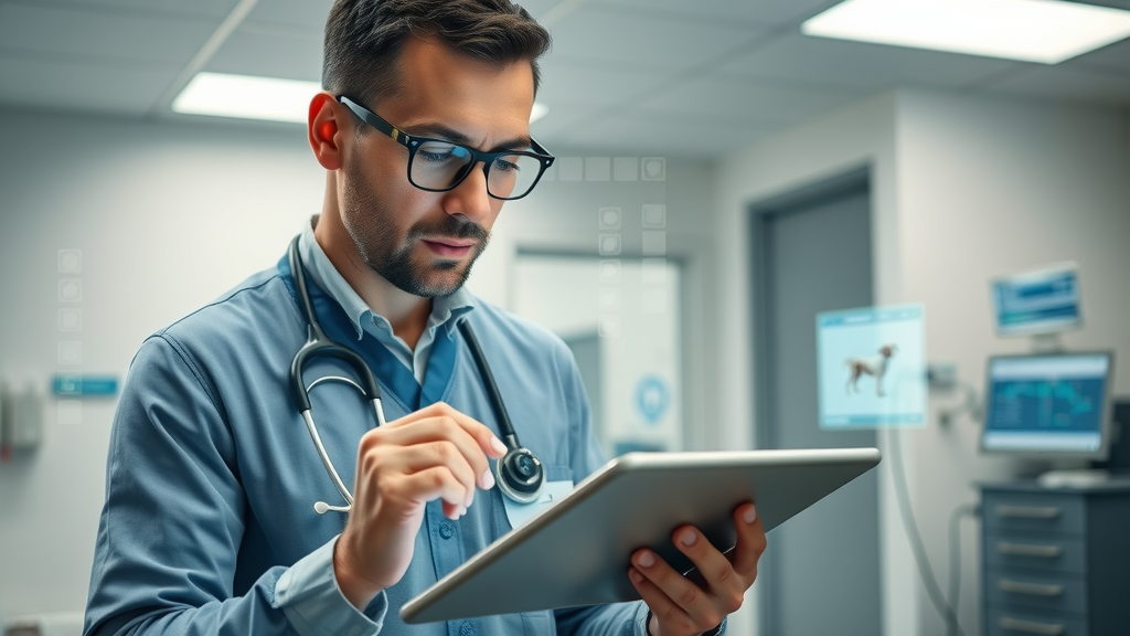 Veterinarian using digital tablet with medical software, demonstrating animal patient chart access to enhance veterinary care