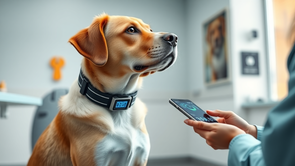 Dog wearing smart collar in veterinary clinic, transmitting health data to vet’s device, showcasing wearable technology in animal health monitoring