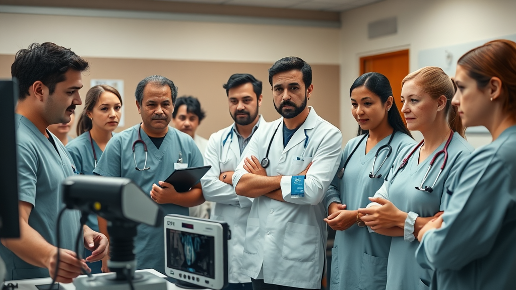 Multinational veterinary staff in training session, learning to use new diagnostic veterinary technology, illustrating change management in veterinary practices