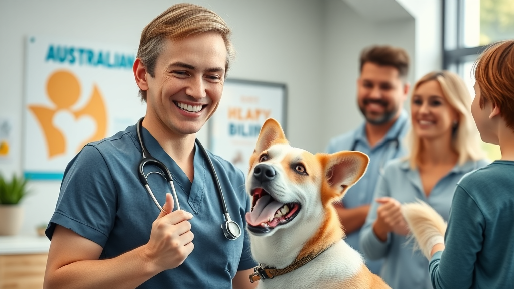 client care and education for veterinarians in australia - Enthusiastic Australian veterinarian welcoming family and dog at a bright veterinary clinic