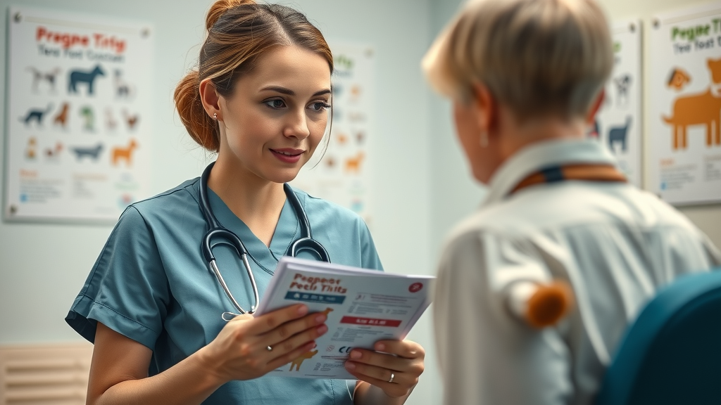 client care and education for veterinarians in australia - Compassionate vet nurse explaining pet brochure in an educational consultation room