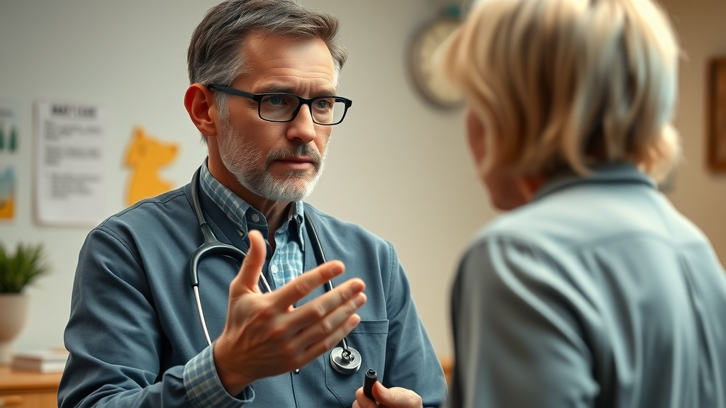 client care and education for veterinarians in australia - Empathetic veterinarian clearly explaining to a concerned pet owner in a welcoming office
