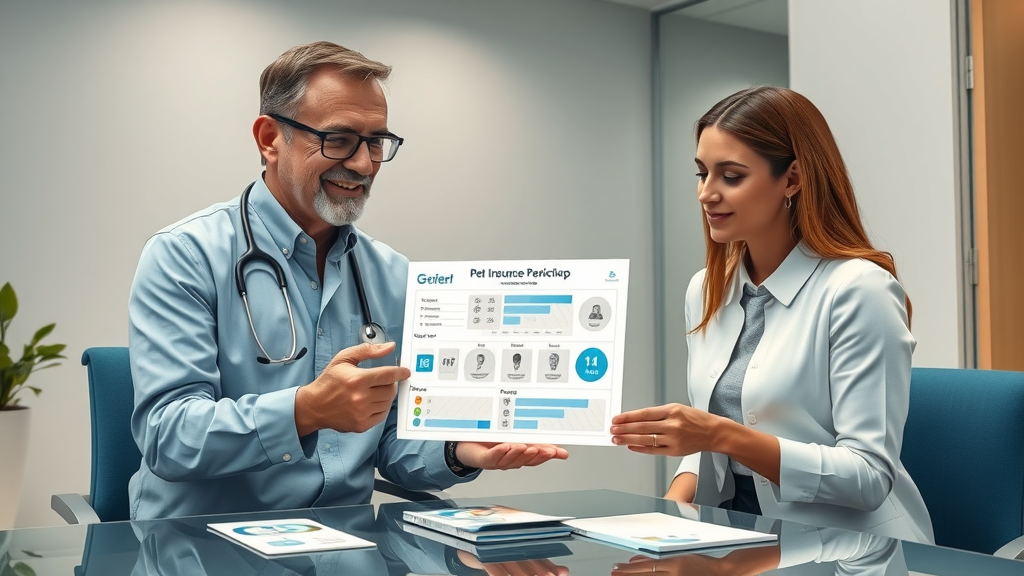 client care and education for veterinarians in australia - Veterinarian using a chart to explain pet insurance in a consultation area