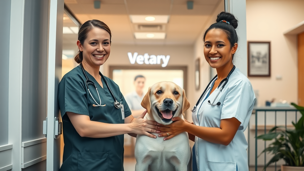 inviting veterinary clinic entrance, friendly staff greeting a client with a dog at the vet clinic, featuring the clinic reception area and a welcoming atmosphere, representing how to get more reviews for veterinary clinic