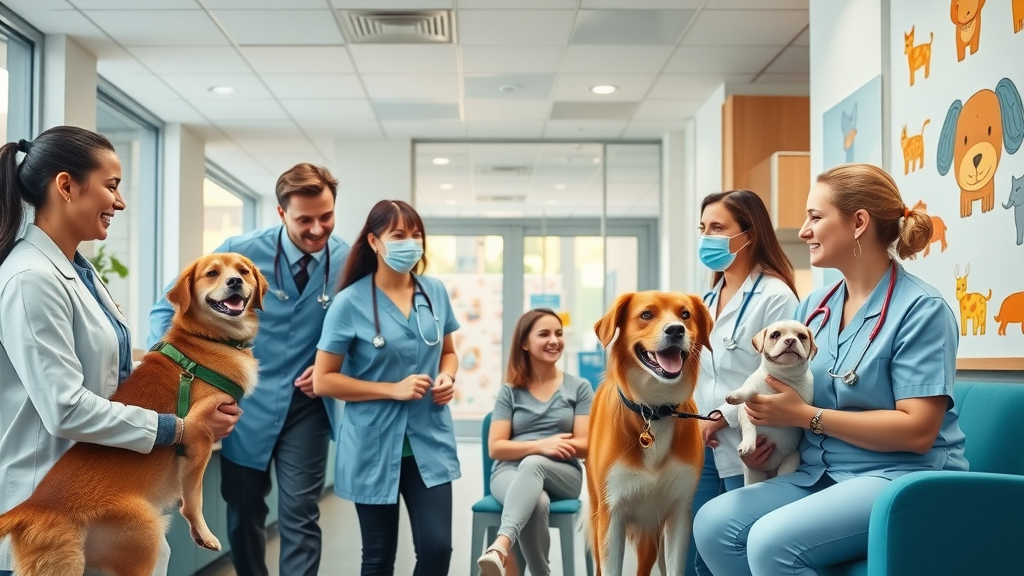 modern veterinary clinic interior with professional staff and happy pet owners, demonstrating trust and positive online reviews in a veterinary clinic setting