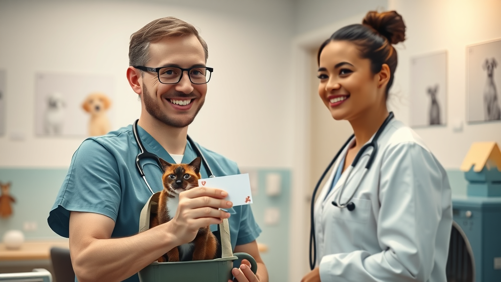 smiling vet handing thank-you card to pet owner with a cat, demonstrating best timing and approach for asking for online reviews in a veterinary clinic