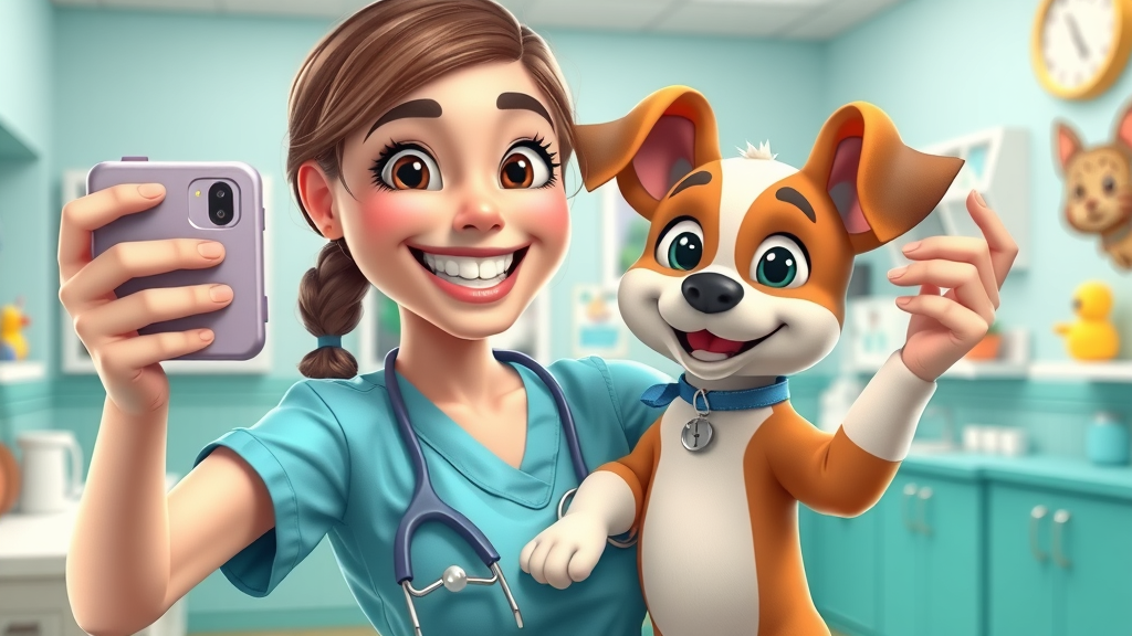 friendly veterinary nurse taking a selfie with a puppy for clinic’s social media, showing client engagement and online review encouragement in a vet clinic