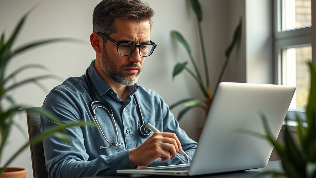 concerned veterinary manager reviewing online feedback, reflecting diligence in handling negative reviews to protect veterinary clinic’s online reputation