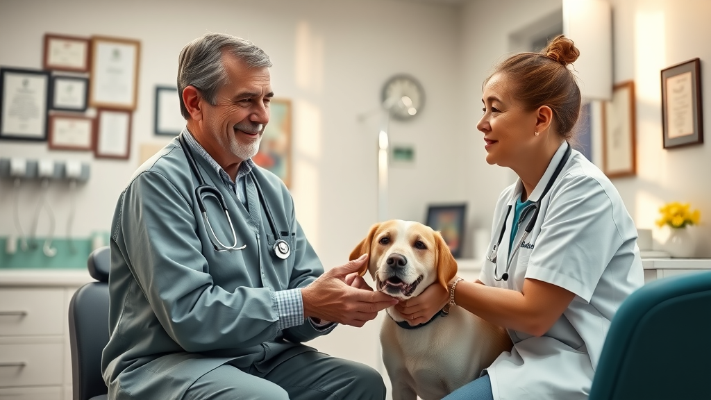 Compassionate veterinarian addressing pet owner concerns in a veterinary clinic exam room, demonstrating trust-building through responding to negative reviews veterinary clinic