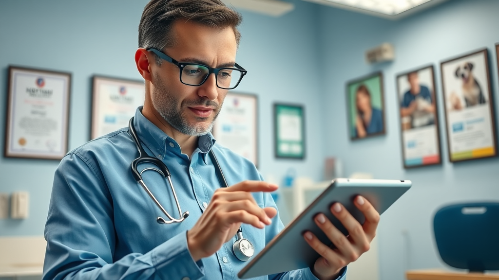 Veterinarian responding to online reviews on a tablet in a modern veterinary clinic, exemplifying professionalism in responding to negative reviews veterinary clinic
