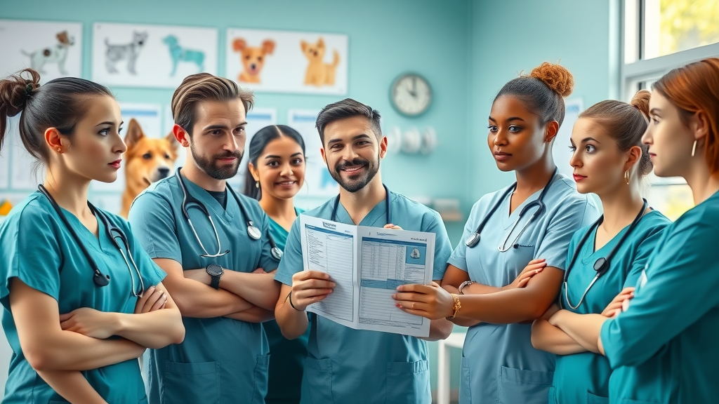 Veterinary practice team meeting to discuss negative reviews feedback and improve services, demonstrating reputation management in a veterinary clinic