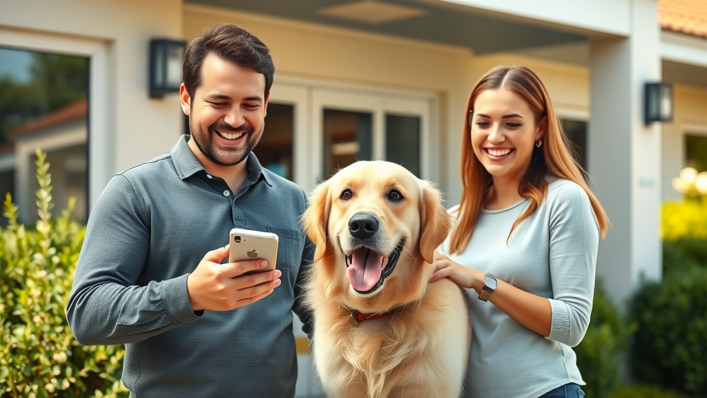 Happy pet owners outside a veterinary clinic, receiving positive feedback, representing growth through positive reviews and social media