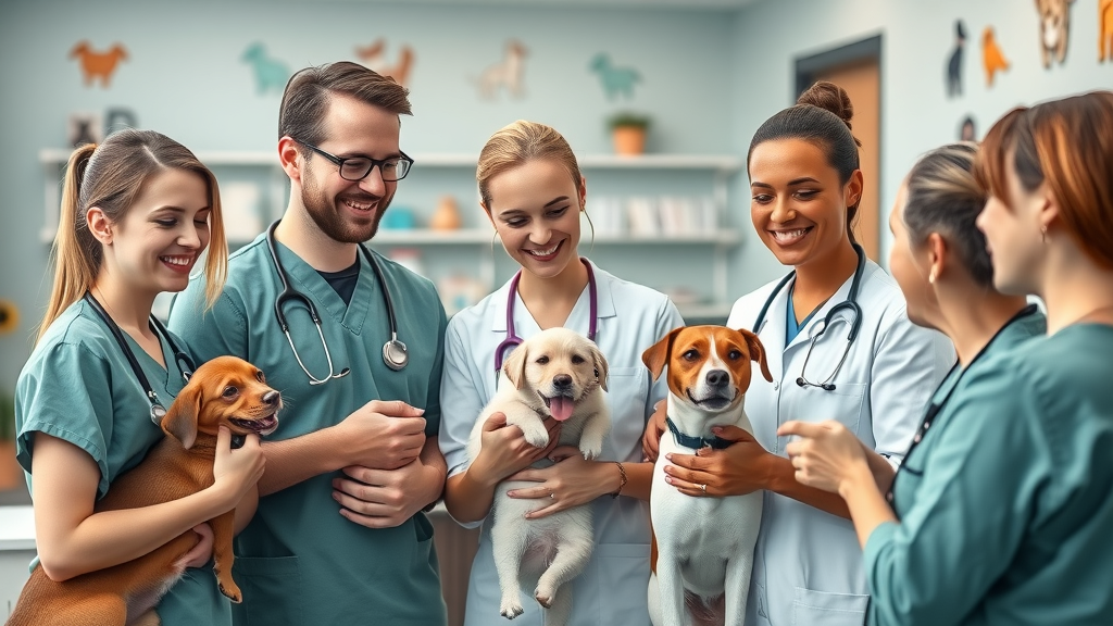 professional veterinary team engaging with pets and clients in a modern veterinary clinic interior, demonstrating trust and friendly interactions for online reputation and growth in veterinary marketing.