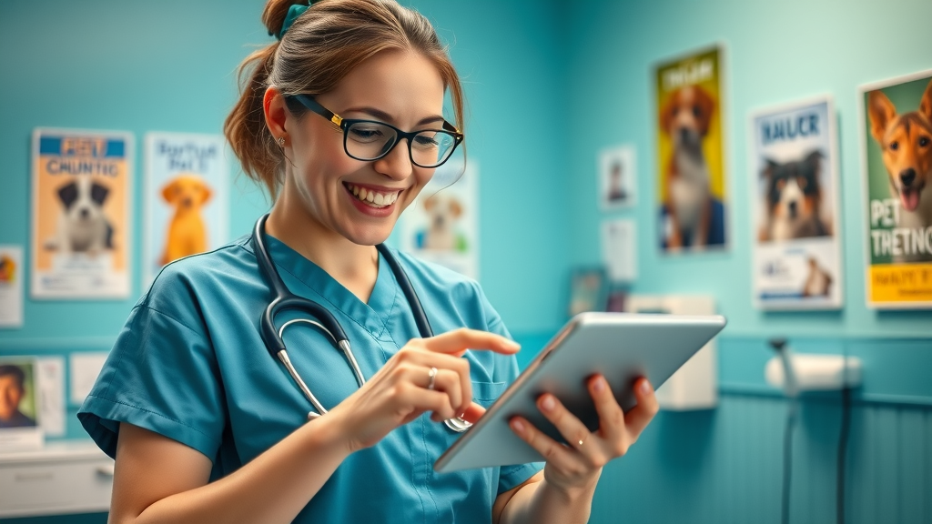 dynamic veterinary clinic vet posting pet care tips on social media with a tablet, engaging with pet owners and strengthening online presence for veterinary practices.