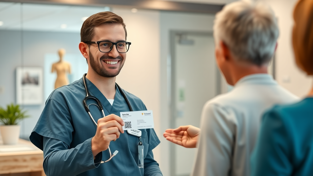 welcoming veterinarian giving business card with QR code to pet owner in a modern vet clinic, encouraging pet owner reviews for improved online reputation and veterinary marketing strategy.
