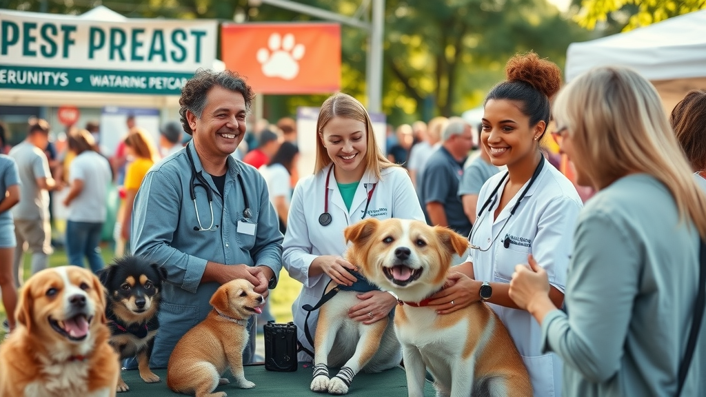 veterinarians hosting a booth at a community pet event, engaging with local pet owners to build reputation and strengthen veterinary marketing strategy.