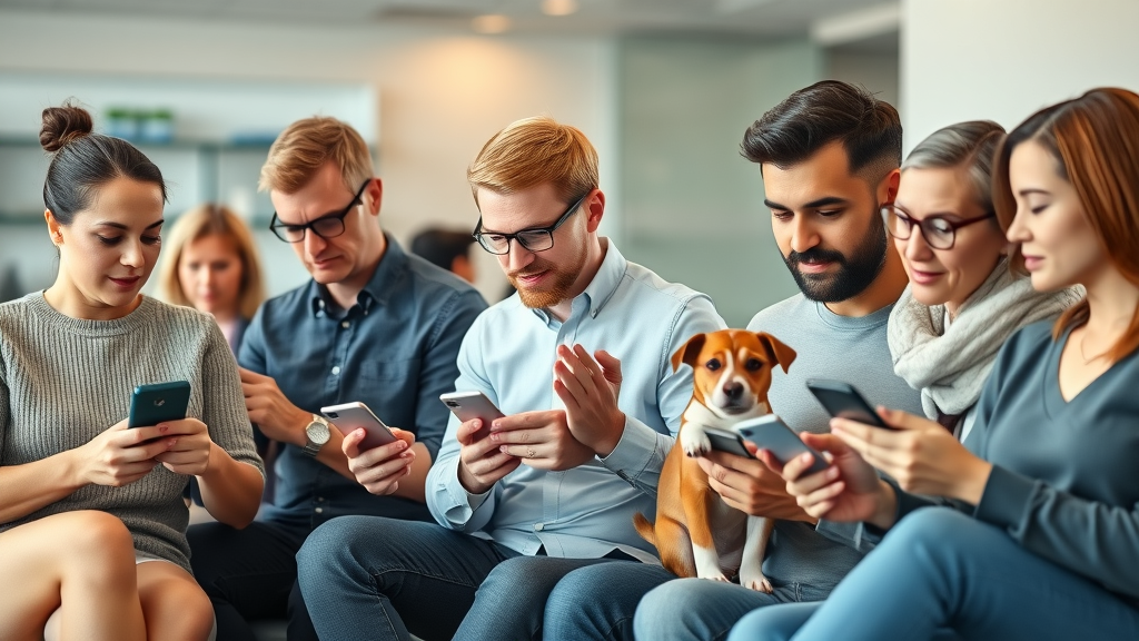 Pet owners researching nearby veterinary clinics using smartphones in a modern waiting room, clinic branding visible, google business profile