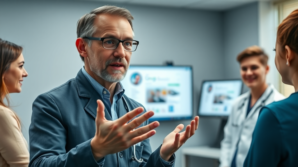 Veterinarian explaining Google Business Profile benefits to team in a clinic meeting room with Google interface on screen