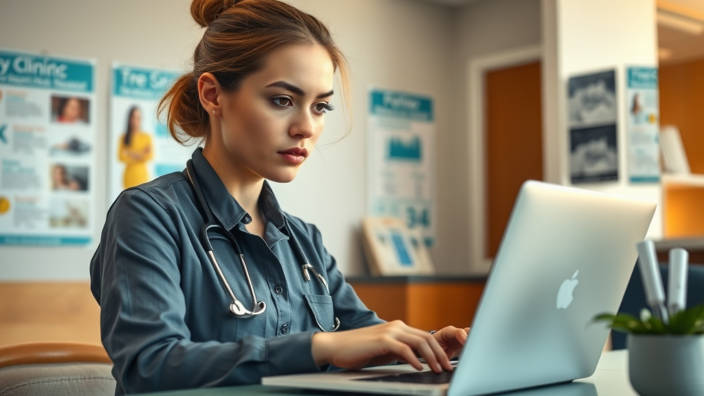 Clinic staff entering business profile details into laptop at veterinary clinic reception area with posters and business cards