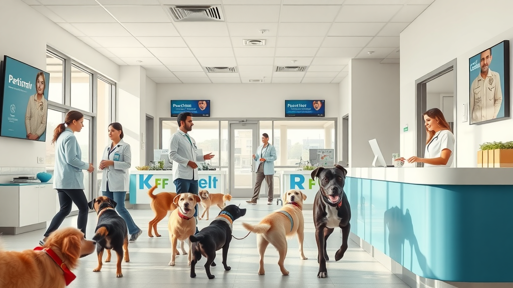 Welcoming veterinary clinic lobby with clients and pets interacting; digital signage shows clinic promotions; business profile optimization