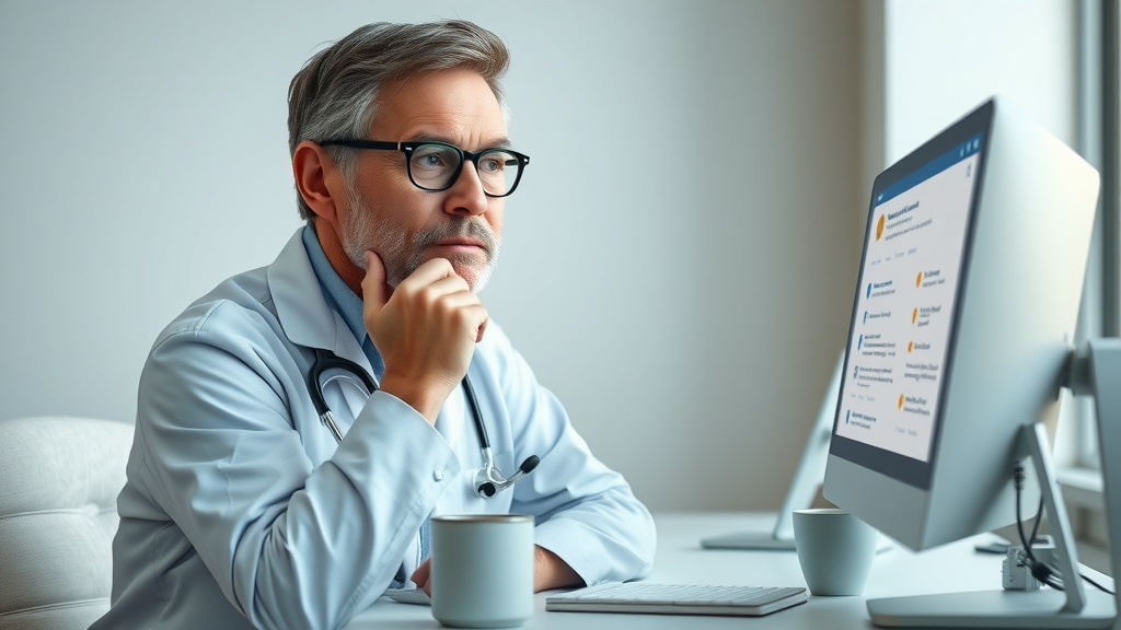 Veterinarian reading and responding to google reviews on business profile in a modern office setting