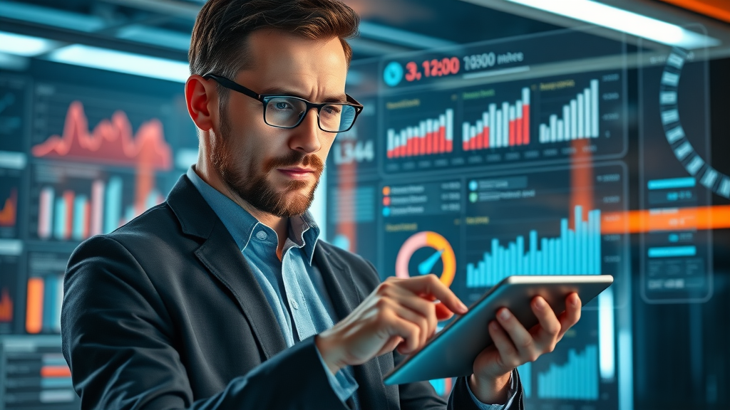 Veterinary clinic practice manager reviewing analytics and performance insights on tablet; Google Business Profile success metrics