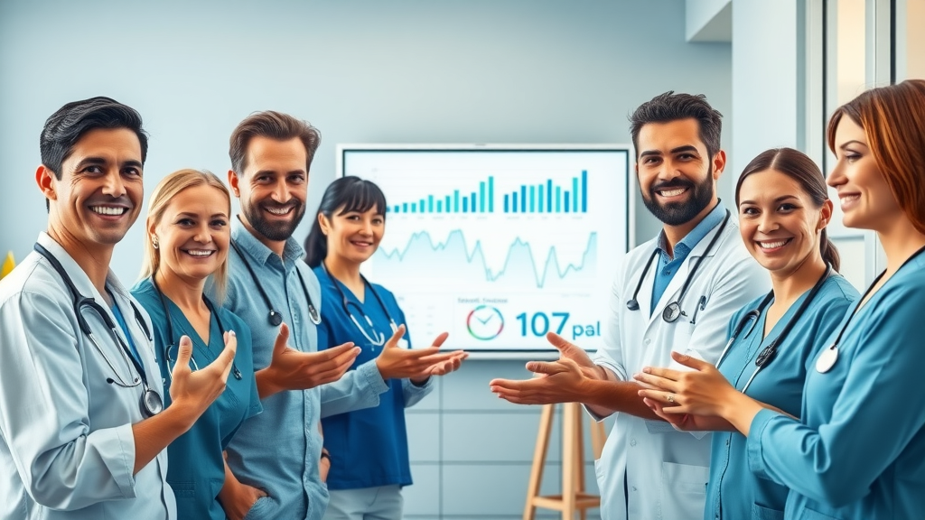 Veterinary team meeting in a bright clinic office discussing digital marketing and Google Business Profile growth analytics