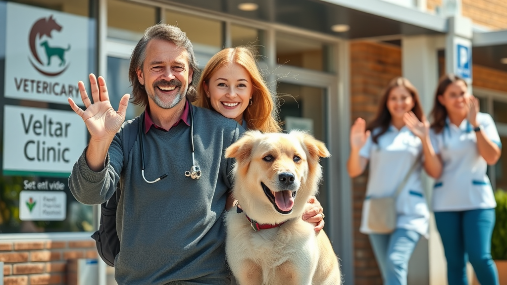 Satisfied pet owner leaving Australian veterinary clinic after successful client education—stronger client relationships and retention
