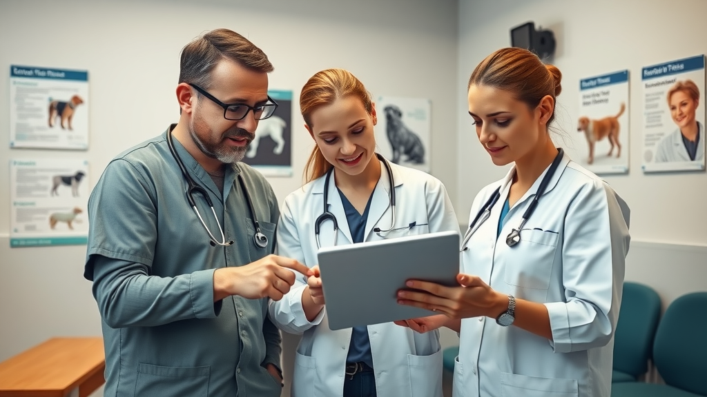 Veterinary team collaborating on digital client education materials—enhancing client retention and practice management