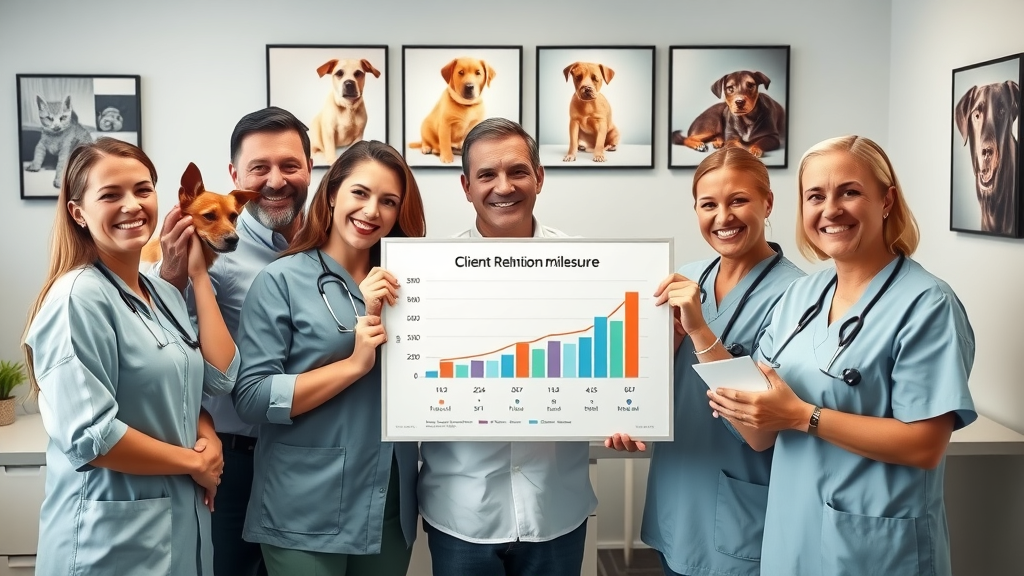 Australian veterinary team celebrating client retention success from education initiatives—proud veterinary professionals, positive results