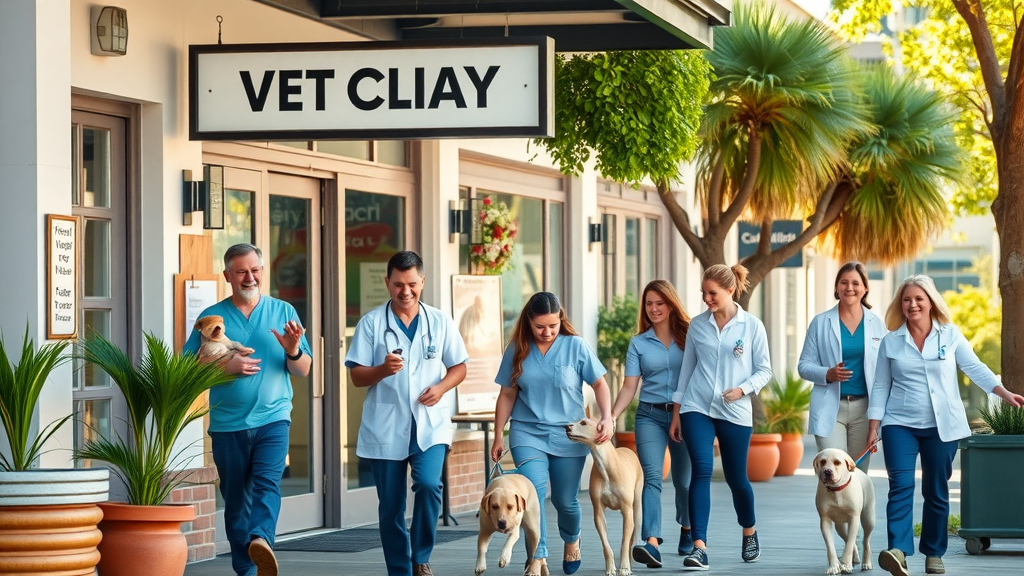 Australian veterinary clinic exterior with welcoming veterinarians, happy pet owners, sunny day, lush greenery