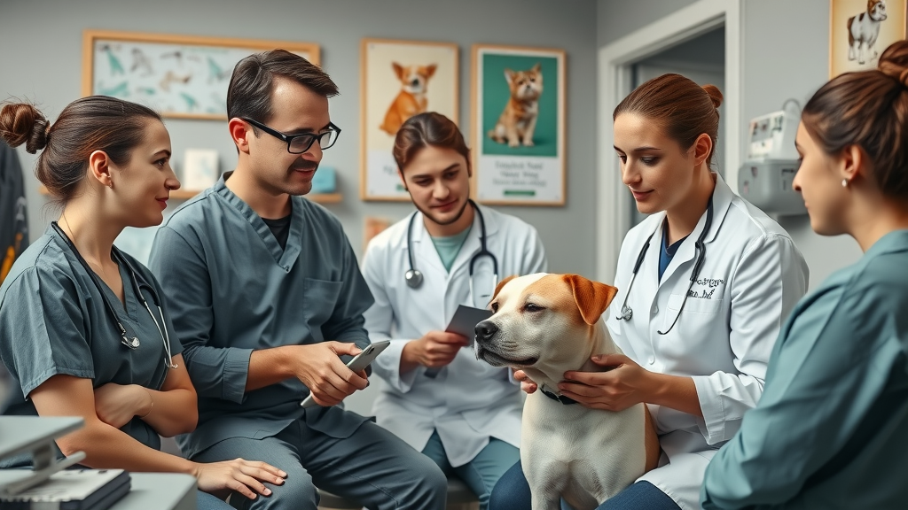 Veterinary team consultation with pet owner, gentle dog interaction, cozy Australian clinic setting