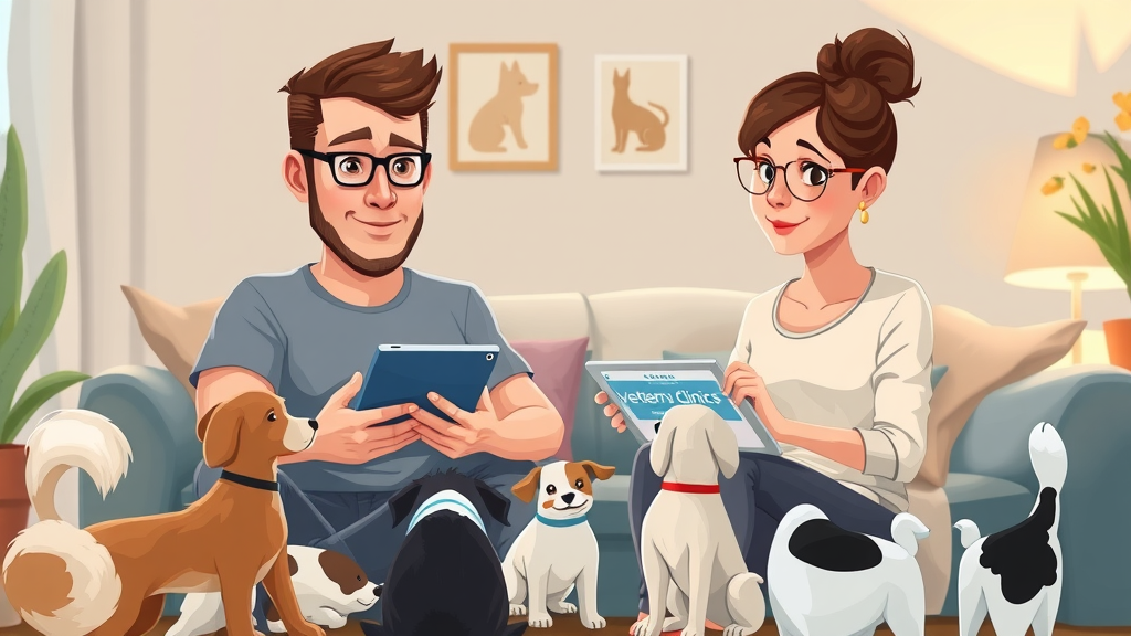 Australian pet owners at home using a tablet to research veterinary clinics, pets on their laps, cozy living room