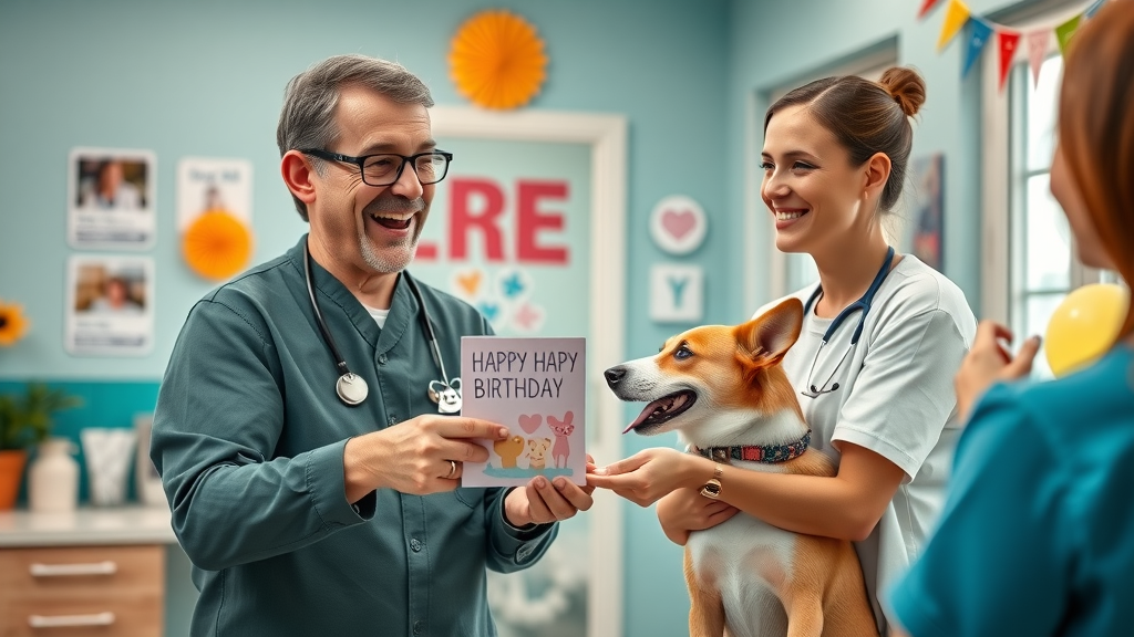 Delighted pet owner receiving a birthday card for their dog from veterinary staff, happy reception area, joyful pet