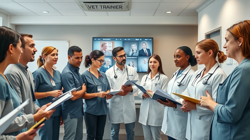 Veterinary clinic team in staff training, collaborative and attentive in modern clinic meeting room