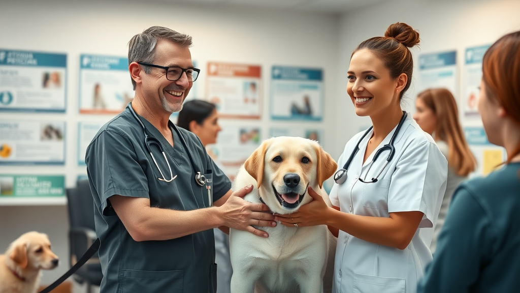 compelling veterinary clinic reception, friendly veterinary staff greeting a client with a dog, modern Australian clinic background, staffing for vet clinics in Australia