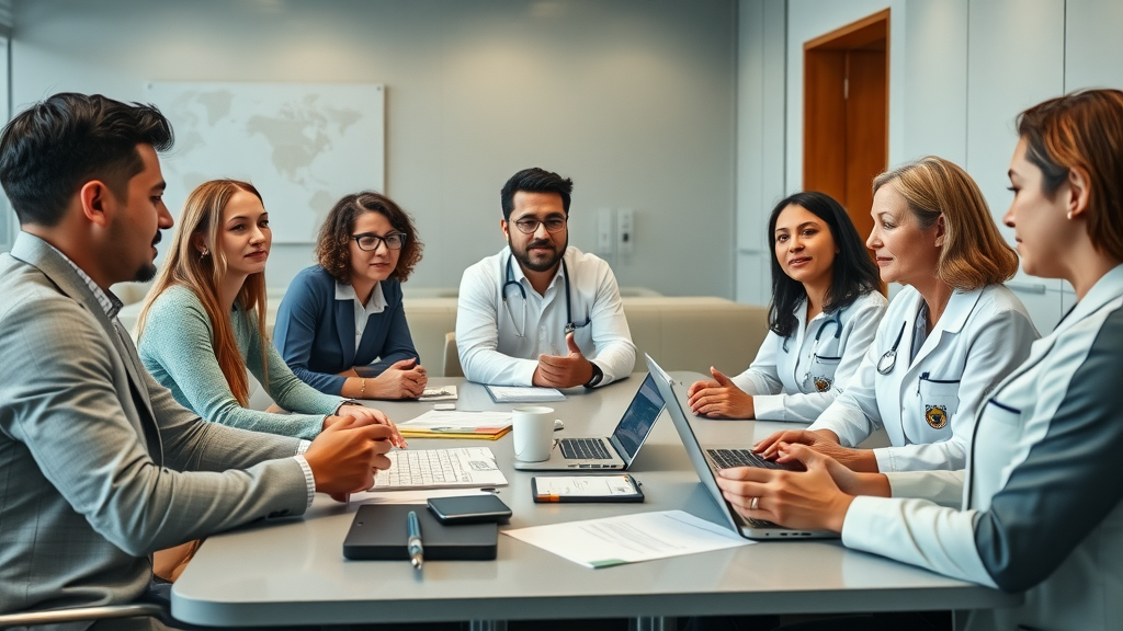 insightful team meeting, diverse veterinary professionals discussing recruitment strategies in an Australian clinic, staffing for vet clinics in Australia