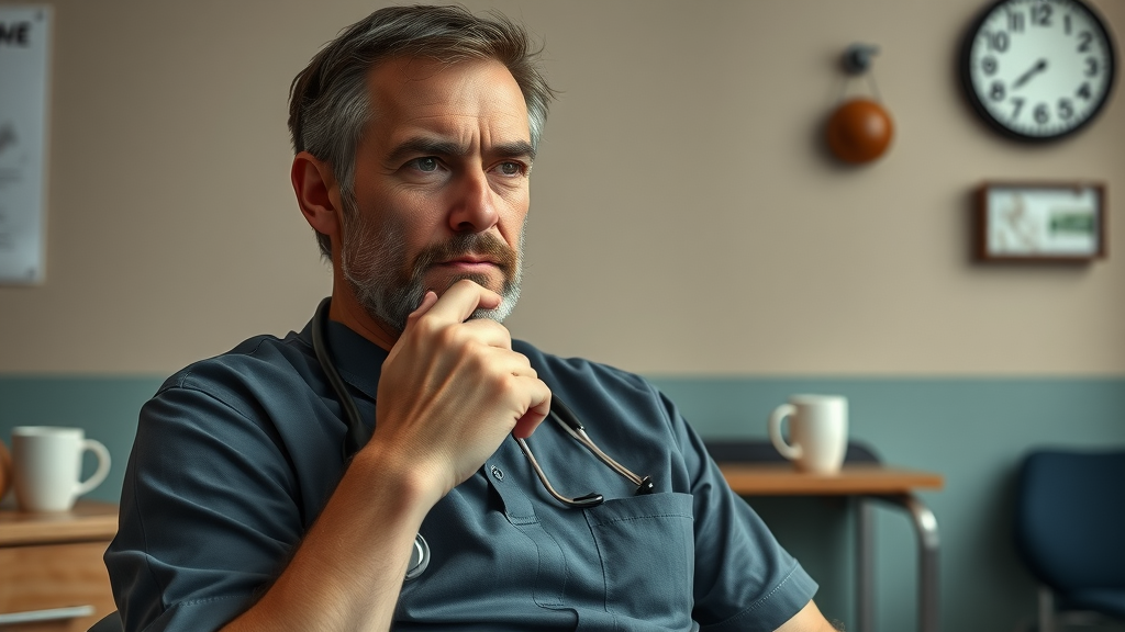 thoughtful veterinarian alone reflecting on burnout and mental health