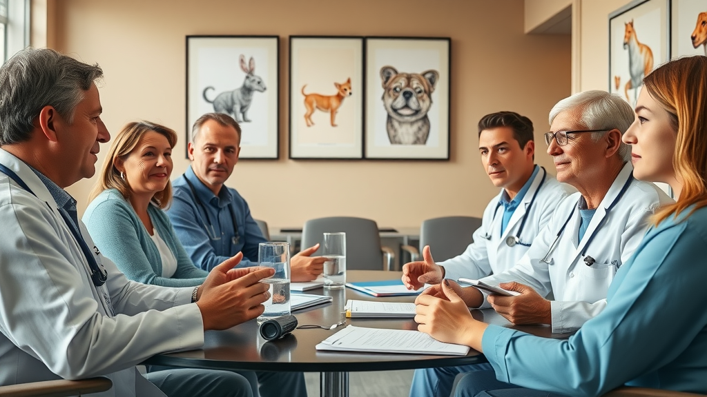 supportive veterinary team meeting, promoting open communication about mental health