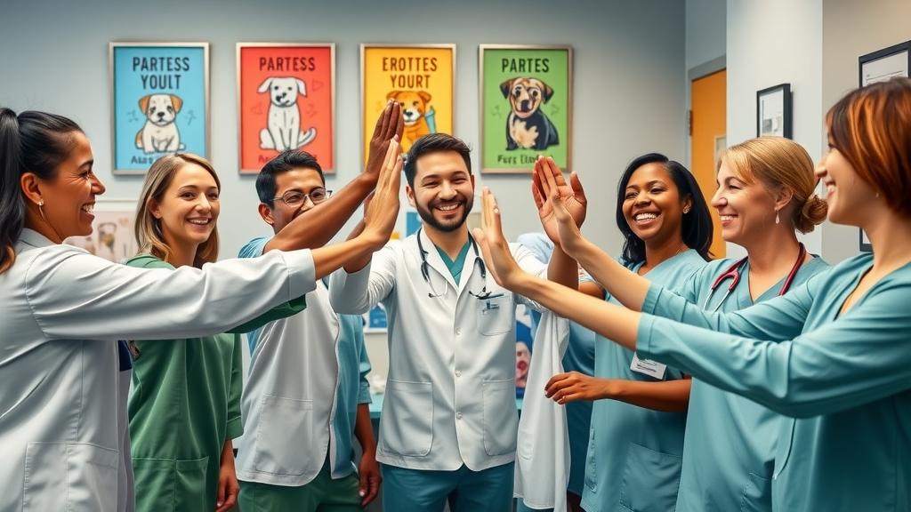 diverse veterinary team celebrating success, supportive clinic culture, veterinary medicine
