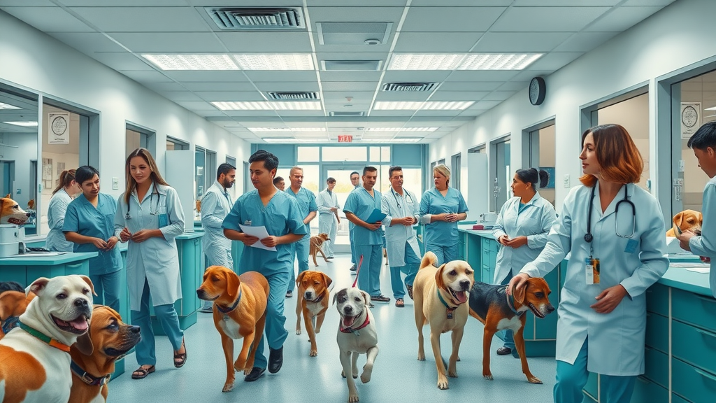 busy veterinary clinic staff and animals, illustrating high workload and workplace stress
