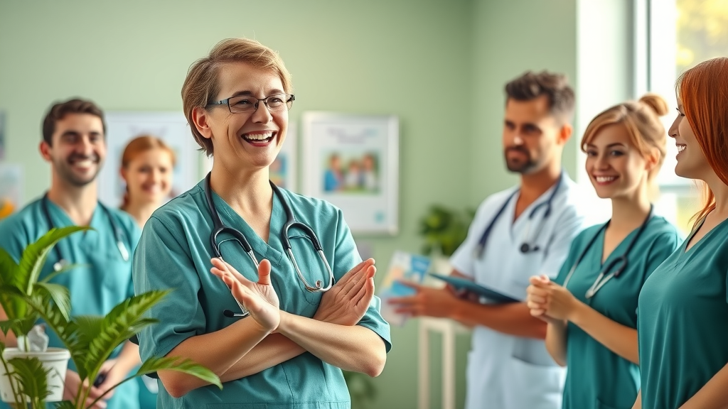 optimistic veterinary manager leading clinic team, prioritising staff wellbeing and clinic success