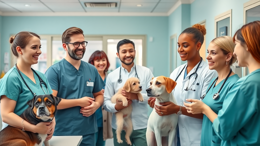 Vibrant veterinary clinic interior with friendly staff engaging with pet owners and animals, modern reception area with visible pricing pamphlets, animals such as dogs and cats being checked in - pricing strategies for vet clinics