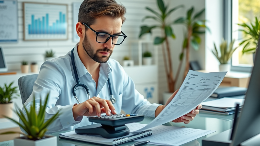 Modern veterinary accounting desk with financial charts, invoices, and manager analyzing pricing model