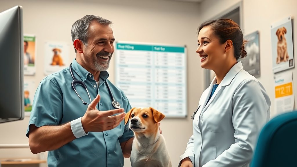 Veterinarian explaining a clinic price list and veterinary pricing on a monitor to pet owner in bright consultation room