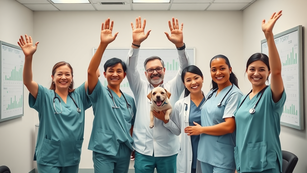Happy veterinary team celebrating clinic